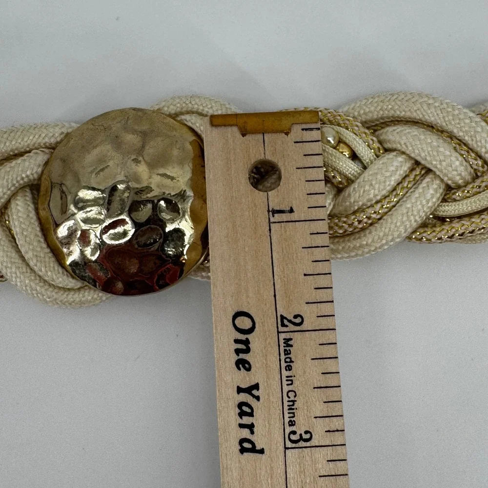 Vintage Braided Rope Belt Cream Gold Pearl Medallion 32